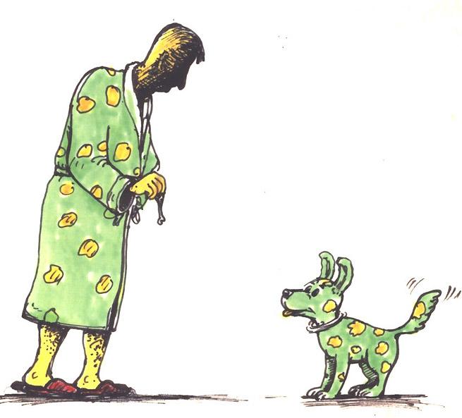 Hund im Pyjama - Kinderbuch-Illustration von Jon Mincu, Fine-Press-Atelier, Berlin - Künstler, Illustrator, Zeichner, Maler für Kunst, Wissenschaft, Belletristik und Kinderbücher