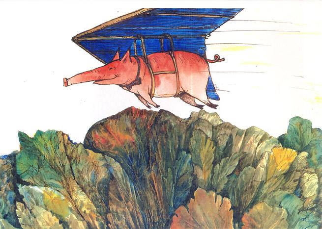 Fliegendes Schwein - Kinderbuch-Illustration von Jon Mincu, Fine-Press-Atelier, Berlin - Künstler, Illustrator, Zeichner, Maler für Kunst, Wissenschaft, Belletristik und Kinderbücher