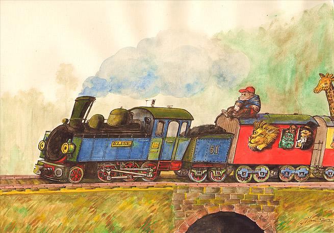 Eisenbahn - Kinderbuch-Illustration von Jon Mincu, Fine-Press-Atelier, Berlin - Künstler, Illustrator, Zeichner, Maler für Kunst, Wissenschaft, Belletristik und Kinderbücher